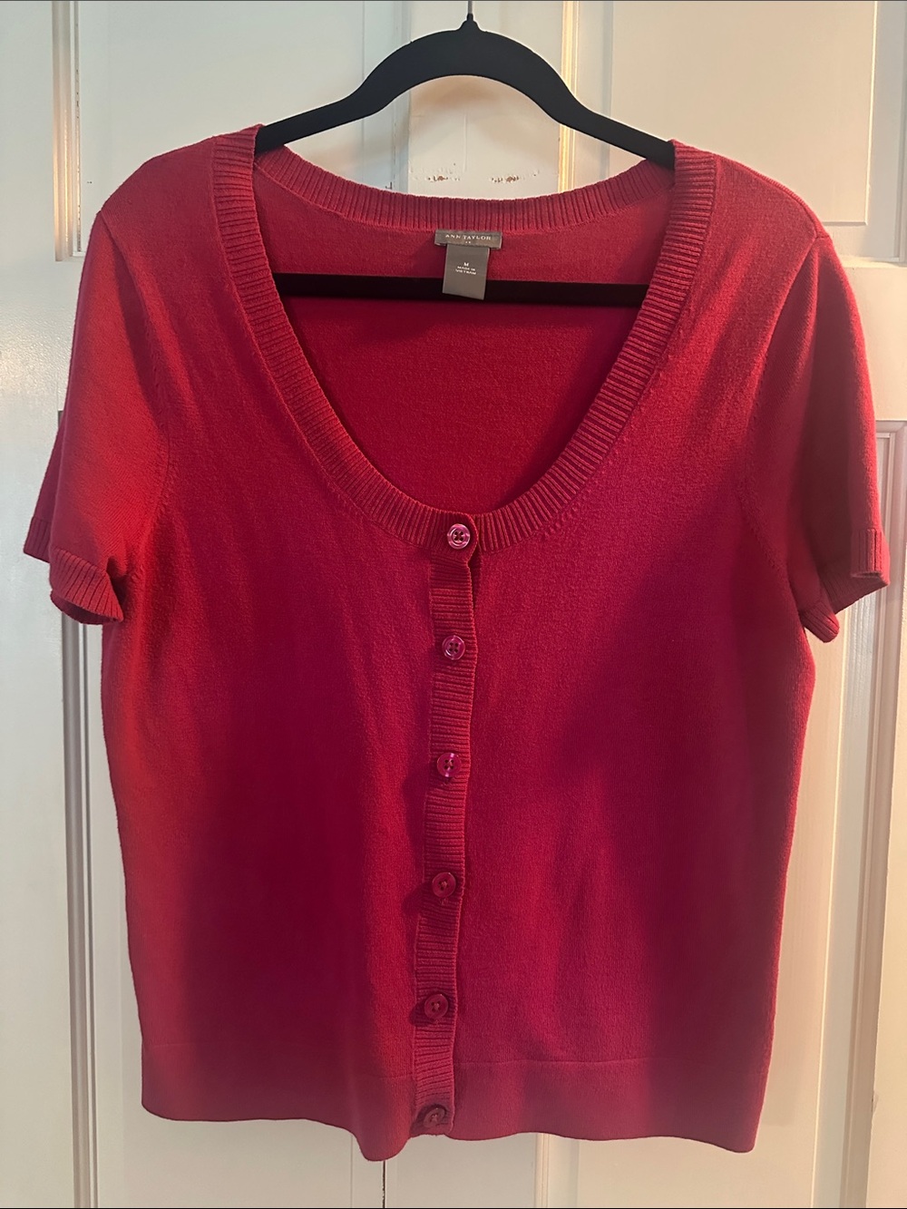Ann Taylor Factory Short-Sleeve Scoop Cardigan in Bright Red